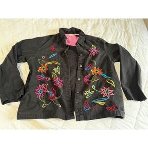 White Stag Womens Black Denim Floral Embroidered Jacket Large 12-14 Boho Cotton
